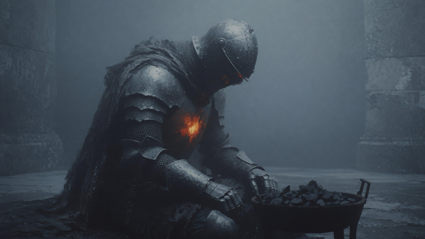 The knight awakening beside an ember brazier