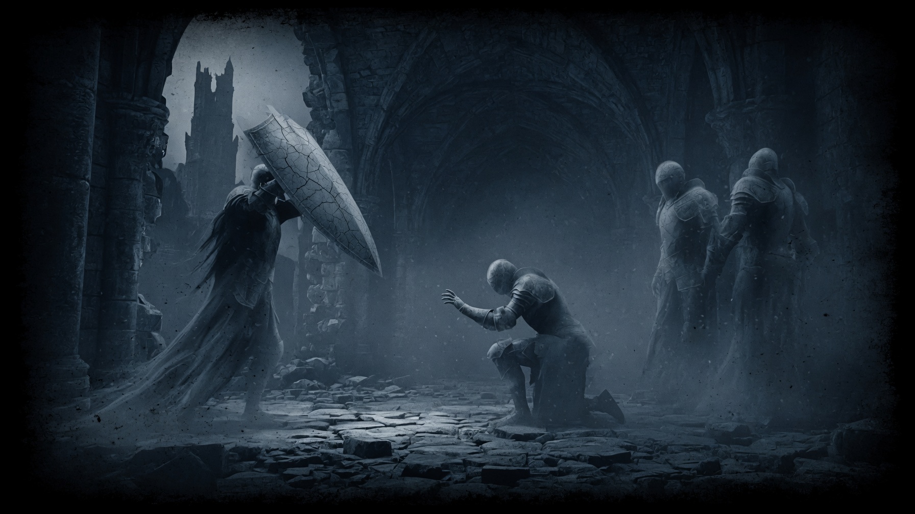 A lone watcher in fog-covered ruins