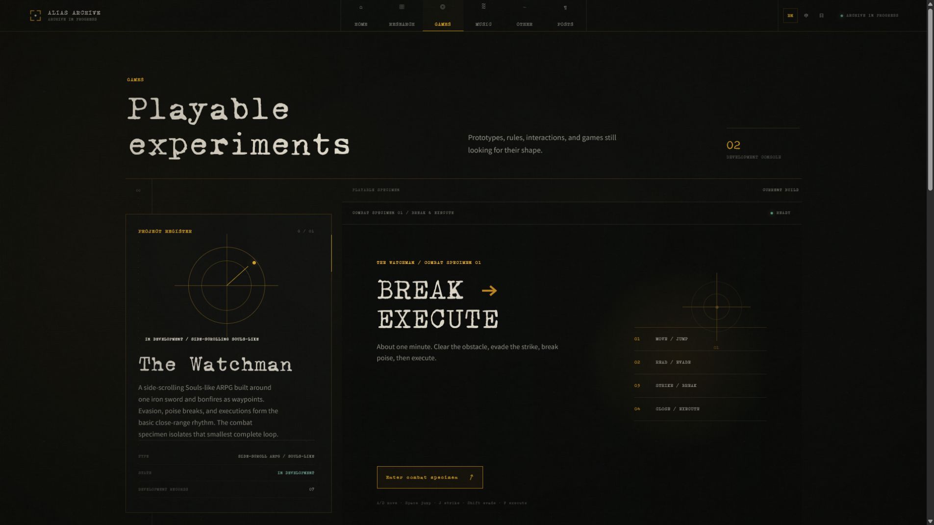 The Watchman web combat specimen inside the Games page