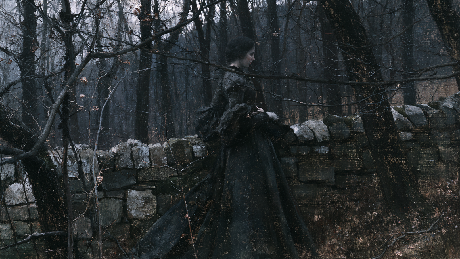 Approved keyframe showing the faded woman from behind and to the side as she hurries through a dead forest beside a dry-stone wall